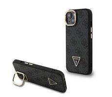 Guess PU 4G Strass Triangle Logo Stand Camera Frame MagSafe Zadní Kryt pro iPhone 13 Black