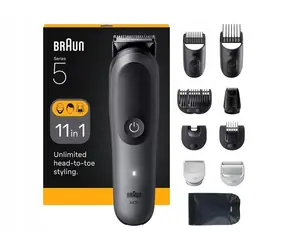 Braun MultiGroom AIO5560 tmavě šedá / multifunkční zastřihovač vlasů & vousů / rychlé nabíjení / Li-ion baterie