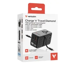 Verbatim Charge'n'Travel 70W černá / Cestovní adaptér / GaN III / 2× výsuvný kabel USB-C / 3× USB-C / 1× USB-A / PD / QC