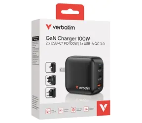 Verbatim Mini GaN Charger 3 Port 100W černá / Cestovní nabíjecí adaptér / 100W / 2x USB-C / 1x USB-A / QC / PD