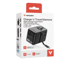Verbatim Charge'n'Travel Adapter 100W 1C černá / Cestovní adaptér / 2x USB-C / 2x USB-A / Rychlé nabíjení