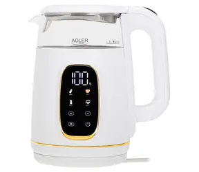 Adler AD 1305 bílá zlatá / Rychlovarná skleněná konvice / LED displej / nastavení teploty / 1,7 L