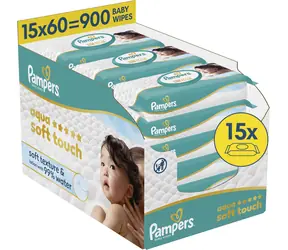 Pampers Aqua Soft Touch / Vlhčené ubrousky / 900 ks (15 × 60 ks) / Plastic Free