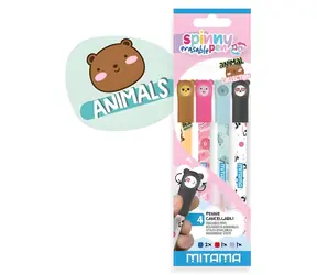 Mitama Spinny Pen Animal / Roller / vymazatelný / hrot 0,7 mm / sada 4 ks