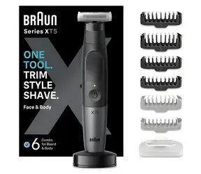 Braun Series XT5300 černá / Holicí strojek / voděodolný / 45 min provoz / zastřihovač na tvář i tělo / 6 nástavců