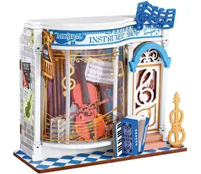 RoboTime Miniatura domečku mini Obchod s hudebními nástroji / Dřevěná 3D skládačka / 63 dílků / věk 14+