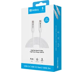 Sandberg USB-C to C USB 3.2 Gen2 100W 5 m bílá / Kabel USB-C na USB-C / 10 Gbit/s