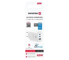 Swissten Edge GaN bílá / Síťový adaptér / 2x USB-C 65W PD / USB-A 18W QC