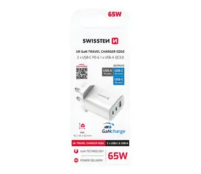 Swissten Edge GaN bílá / Síťový adaptér / UK zástrčka / 2x USB-C + USB-A / 65W / QC / PD