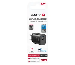 SWISSTEN Edge GaN USB-C + USB-A černá / Síťový adaptér / 20W PD / 18W QC