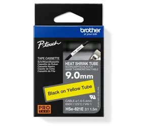 Brother HSE-621E žlutá / Smršťovací bužírka / černý tisk / šířka 9,0 mm / 1,5 m