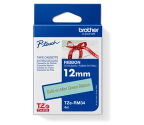 Brother TZE-RM34 mentolová / Textilní páska / zlatý tisk / 12 mm / 4 m
