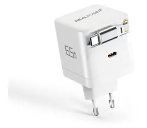 RealPower GaN 65W bílá / Síťová nabíječka / 2x USB-C / vestavěný kabel / PD