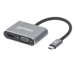 Manhattan USB-C 4in1 šedá / Adaptér / HDMI 4K + VGA / USB-A 3.2 / Power Delivery 87W