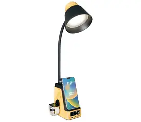 Immax IDEAL světlé dřevo, černá / LED stolní lampička / Qi nabíjení / CCT / 8 W / 800 lm / budík s hodinami