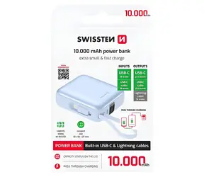 Swissten Space 10000 mAh modrá / Powerbanka s integrovanými kabely / USB-C + Lightning