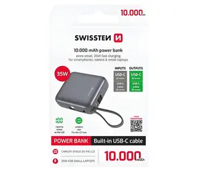 Swissten Space stříbrná / Power Bank / 10000 mAh / 35W / USB-C integrovaný kabel