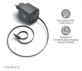 Nedis GaN 30W černá / Síťová nabíječka / USB-C PD3.0 se zatahovacím kabelem / 0,75 m
