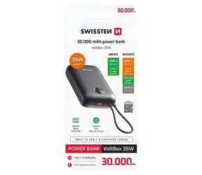SWISSTEN VOLTBOX 30000 mAh černá / Powerbanka s integrovanými kabely / 35W / USB-C & Lightning