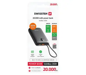 SWISSTEN VOLTBOX 20000mAh černá / Powerbanka s integrovanými kabely / 35W / USB-C + Lightning