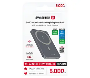 Swissten Fusion 5000 mAh stříbrná / Power Bank / MagSafe / nabíjení Apple Watch