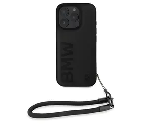 BMW Leather Signature and Strap černá / Zadní kryt / iPhone 16 Pro / pravá kůže / nylonové poutko