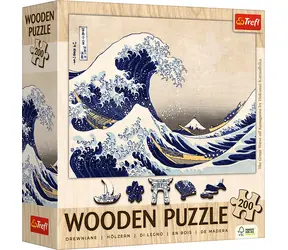 TREFL Dřevěné puzzle Hokusai: Velká vlna Kanagawa / 200 dílků / 25,5 x 18,5 cm / oboustranné
