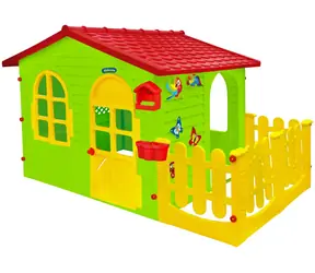 MOCHTOYS Dětský zahradní domeček zeleno-červený / s plotem a tabulí / od 1 roku