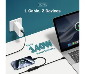 Digitus USB-C 2v1 / Nabíjecí kabel / 140 W / 1,8 m