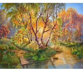 Diamantové malování - Břízy nad potokem / 30x40 cm
