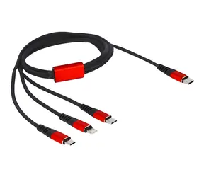 DeLock USB-C - Micro-USB + USB-C + Lightning černá/červená / Napájecí kabel / 3v1 / 1 m / opletený / 3 A