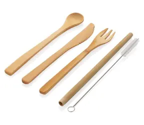 XD Design Cestovní sada bambusových příborů / Sada příborů / lžíce, vidlička, nůž, brčko / cestovní pouzdro