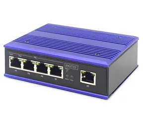 DIGITUS Switch Ind. 4-Port PoE černá/modrá / Switch / Nespravovaný / 10/100 / PoE+ 4x30W / DIN lišta