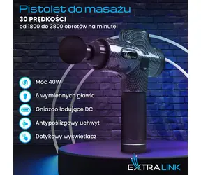 Extralink Massage Gun Pro černá / Masážní pistole / 30 rychlostí / 6 hlavic / až 3800 RPM / 2500 mAh