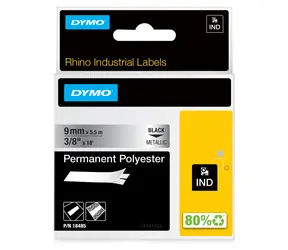 Dymo originální páska do tiskárny štítků 9 mm x 5,5 m / černý tisk / metalický podklad / RHINO permanentní polyester