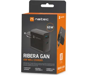 Natec Ribera GaN černá / Nabíječka / GaN / 65 W / 1x USB-A / 1x USB-C