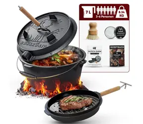 Gusskönig Dutch Oven 7L s nožkami / Litinový hrnec / zaběhnutý / pro 3-6 osob / sada s příslušenstvím