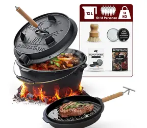 GUSSKÖNIG Litinový hrnec Dutch Oven 12L s nožičkami / Sada s příslušenstvím / předem vypálený / pro 10-16 osob