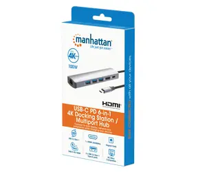 Manhattan USB-C dokovací stanice 6v1 stříbrná / Dokovací stanice / 1x HDMI 4K/60Hz / Gigabit LAN / PD 100W