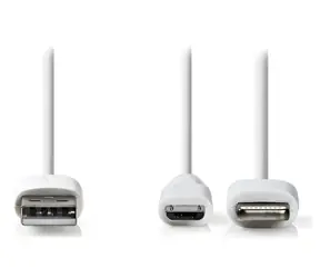 Nedis 2v1 kabel Micro USB + Lightning bílá / Datový kabel / USB-A - Micro USB + Lightning adaptér / 1 m