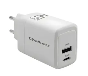 Qoltec GaN nabíječka 45W bílá / Nabíječka / USB-C PD + USB-A QC 3.0 / 5-20V / 1,5-3A