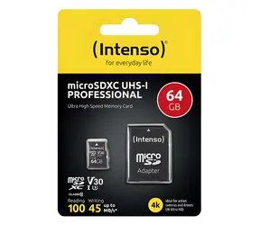 Intenso microSDXC Professional 64GB / Paměťová karta / UHS-I / Class 10 / 90 MB/s / vč. SD adaptéru
