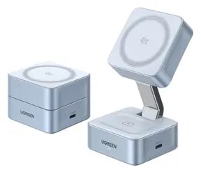 Ugreen W752 MagFlow stříbrná / Bezdrátová nabíječka / 2v1 / 25W Qi2 / MagSafe