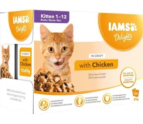 IAMS Delights Kitten kuře ve šťávě 12x85 g / Kapsičky pro kočky / Kompletní krmivo / Koťata