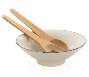 Ukiyo Salátová mísa s bambusovým příborem bílá / Salátová mísa / keramika / 25,5 cm / bambus 32 cm