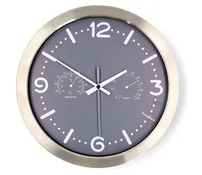 Nedis CLWA5226SS šedá / Nástěnné hodiny / Průměr 300 mm / Nerezová ocel / Teploměr / Vlhkoměr