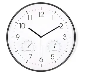 Nedis CLWA4226BK bílo-černá / Nástěnné hodiny / Průměr: 300 mm / Plast / Tichý pohyb / Teploměr / Vlhkoměr