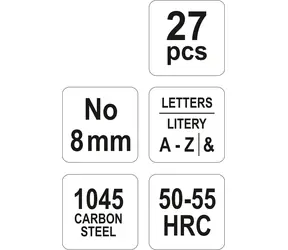 YATO Razníky písmenkové 8 mm / Sada 27 ks / A-Z, & / Ocel 1045
