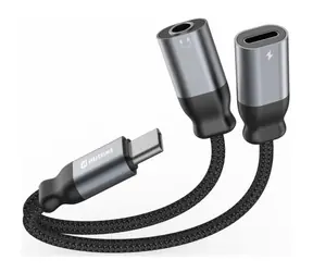 Swissten TEXTILE USB-C/Jack 3,5 mm 0,12 m černá / Nabíjecí audio adaptér / textilní opletení