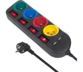Maclean MCE229B černá / Prodlužovací kabel / 4x zásuvka typ F / 2x USB-A / vypínač / 250V/10A / 1,5 m
